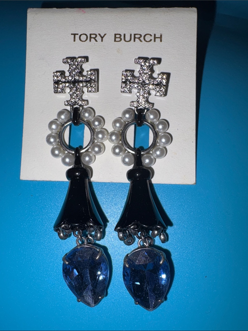 Tory Burch Silver-Tone Pearl Cluster Earrings with Blue Teardrop Crystals